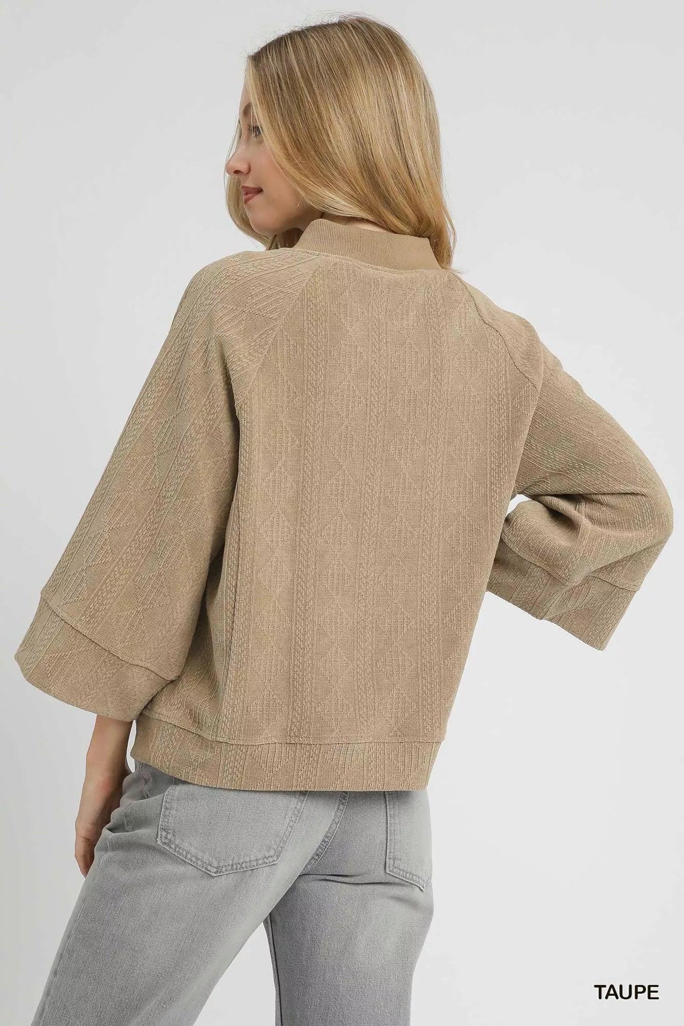 Umgee Textured Knit V-Neck Top Taupe - DAVERRI FASHIONS