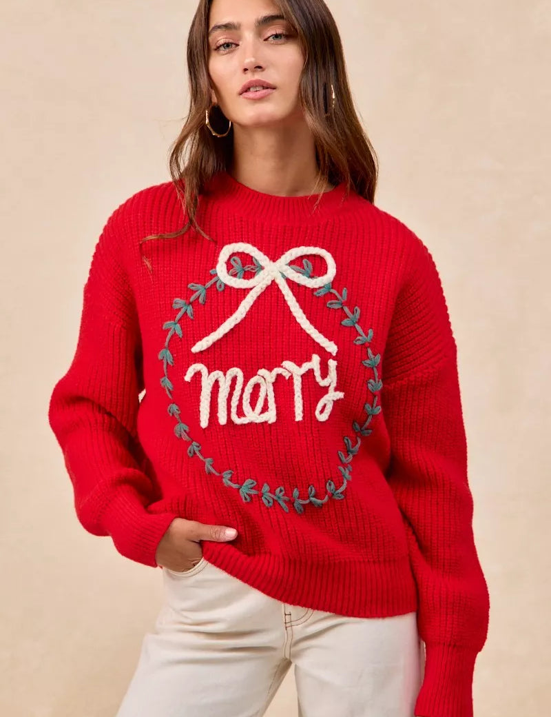 BiBi Christmas Wreath Merry Letter Knit Top | Knit Tops Daverri Fashions