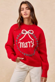 BiBi Christmas Wreath Merry Letter Knit Top | Knit Tops Daverri Fashions