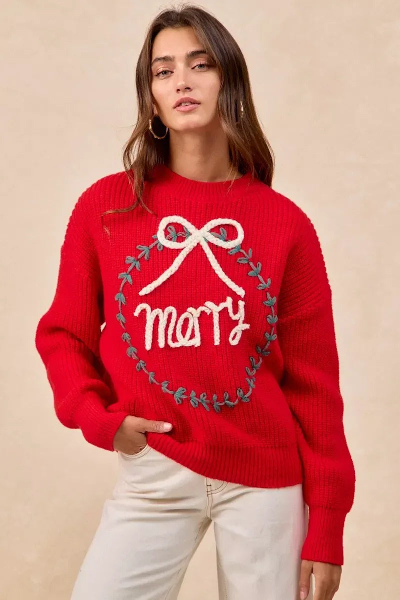 BiBi Christmas Wreath Merry Letter Knit Top - DAVERRI FASHIONS
