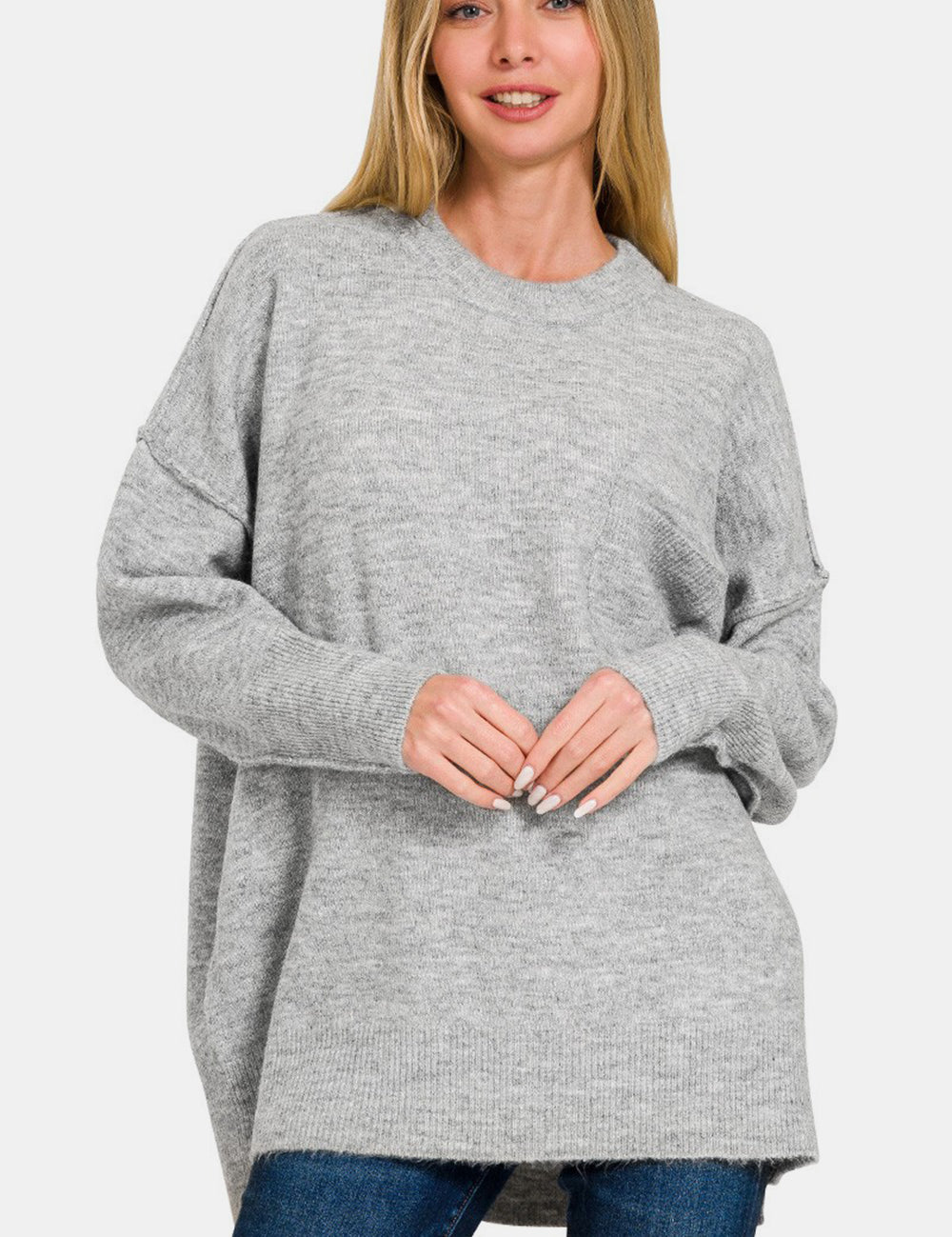 Zenana High-Low Hem Drop Shoulder Sweater Grey L XL