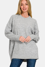 Zenana High-Low Hem Drop Shoulder Sweater Grey L XL