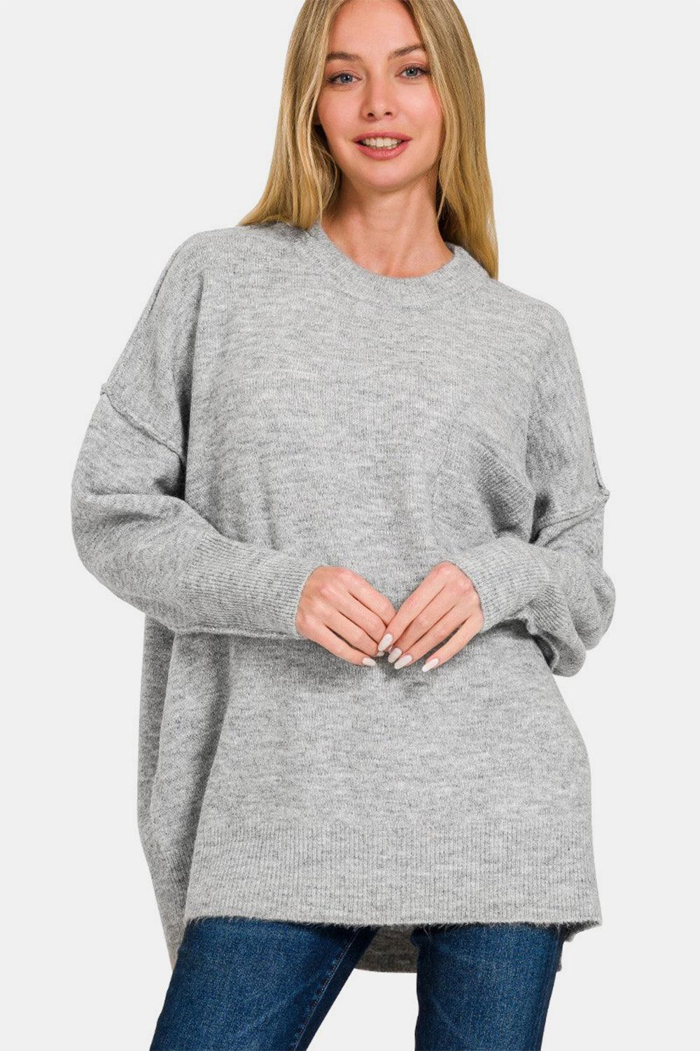 Zenana High-Low Hem Drop Shoulder Sweater Grey L XL Sweaters