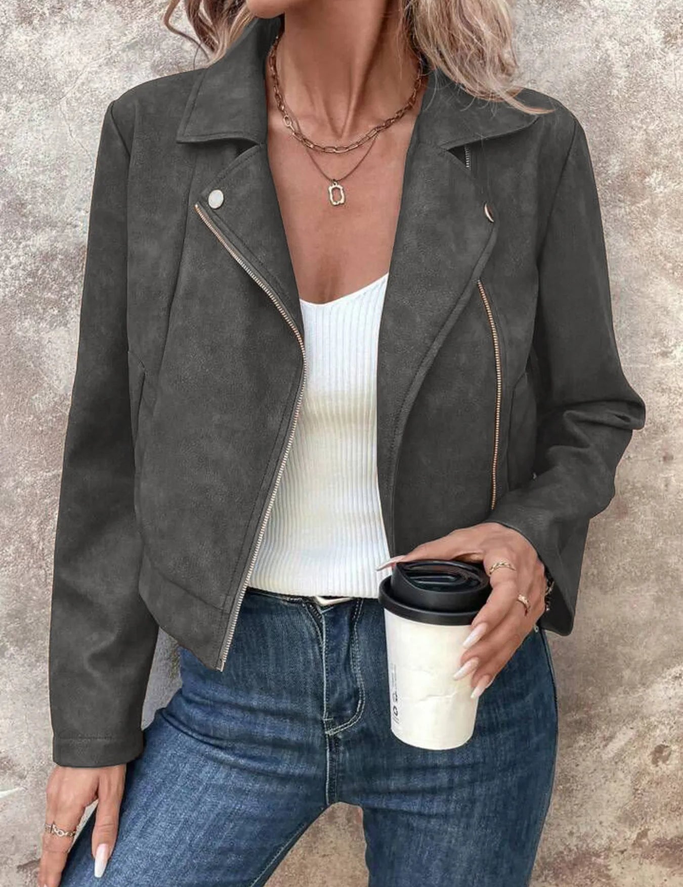 Dark Gray Zip Up Suede Cropped Moto Jacket | Jackets Daverri Fashions