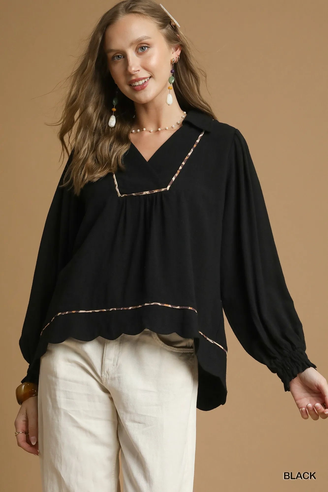 Black 2XL Umgee Full Size Linen Scallop Hem Blouse with Contrast Trim Plus Size | Daverri Fashions