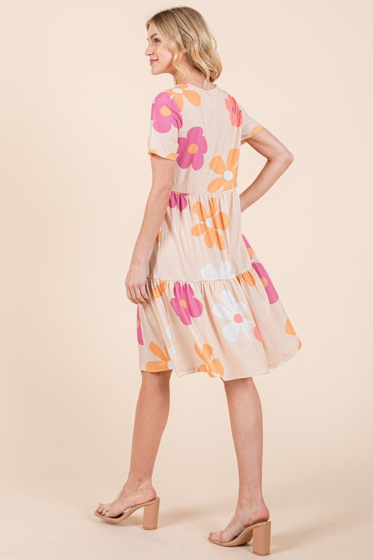 BOMBOM Floral Round Neck Short Sleeve Tiered Dress