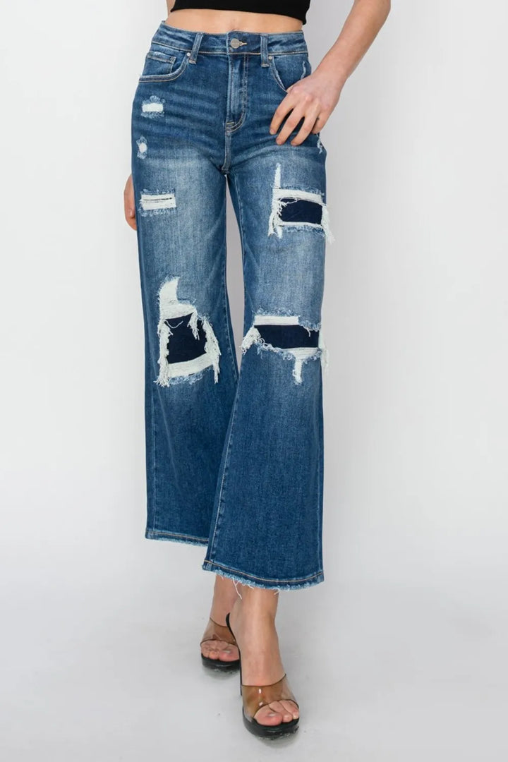 Risen Full Size High Rise Patch Detailed Wide Leg Crop Jeans | Jeans Daverri Fashions