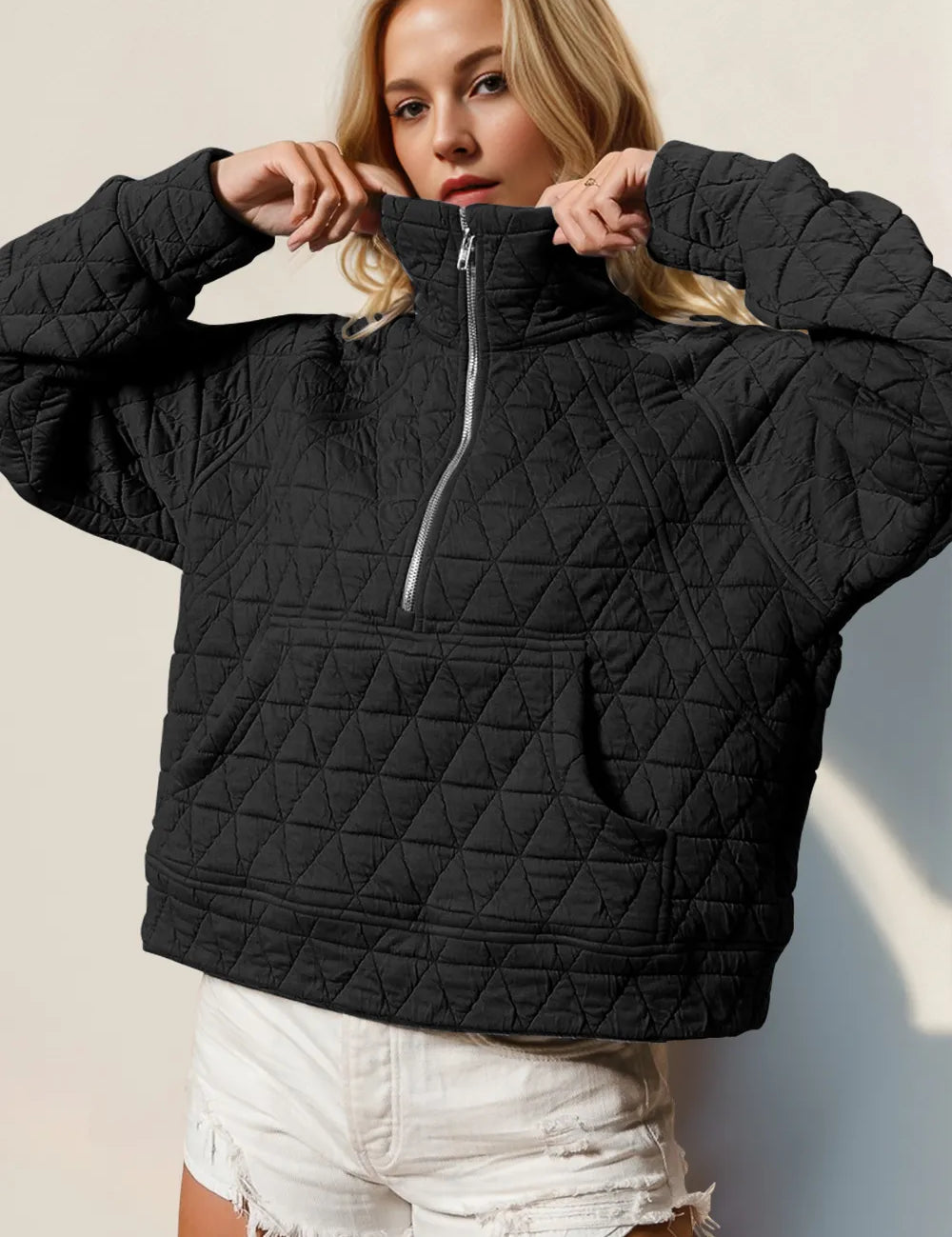 Black Double Take Half Zip Long Sleeve Quilted Sweatshirt with Pocket | Sweatshirts Daverri Fashions