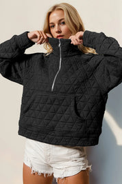 Black Double Take Half Zip Long Sleeve Quilted Sweatshirt with Pocket | Sweatshirts Daverri Fashions
