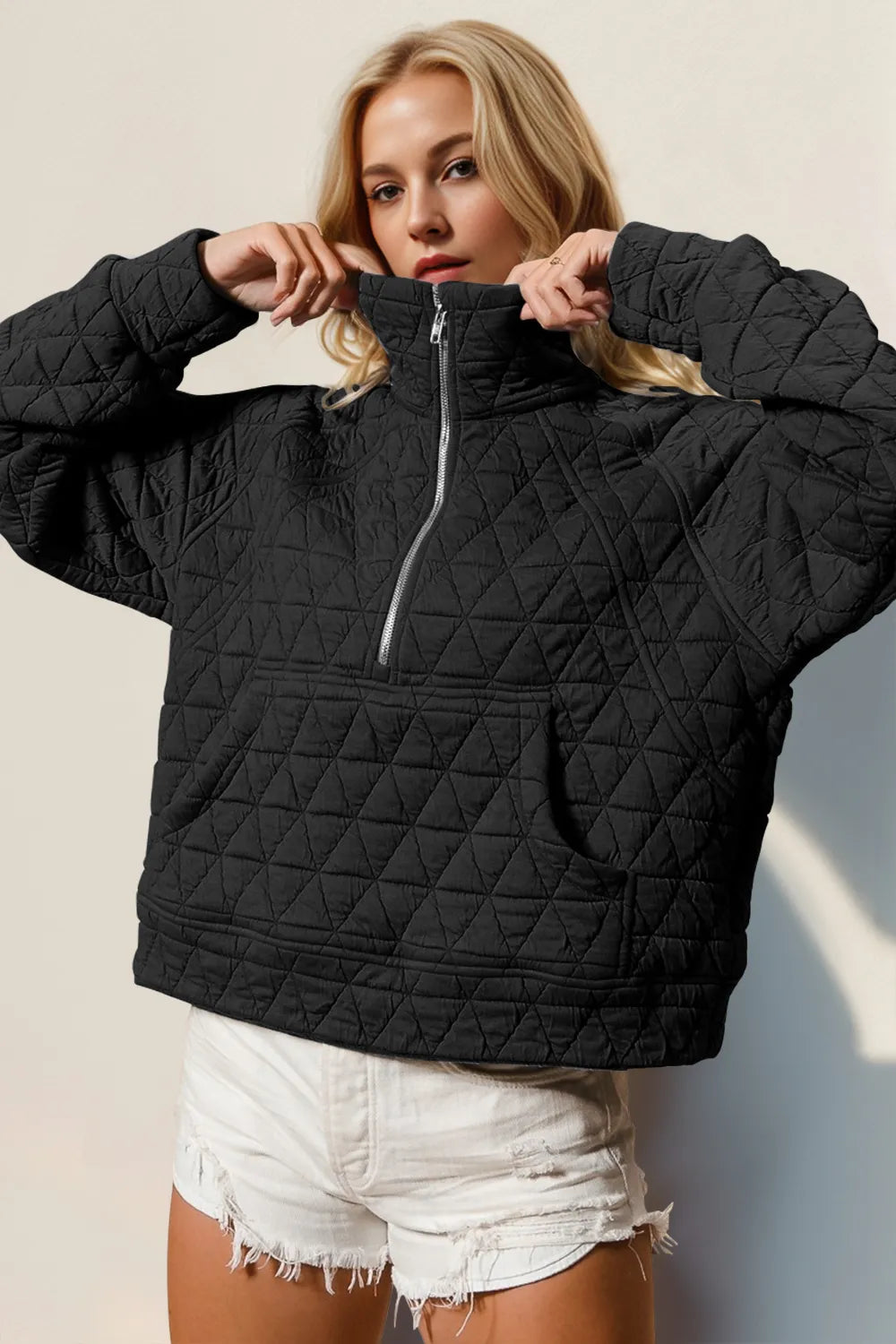 Black Double Take Half Zip Long Sleeve Quilted Sweatshirt with Pocket | Sweatshirts Daverri Fashions