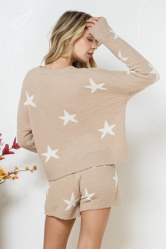 Soft Long Sleeve Star Print Top and Short Set Loungewear Sets