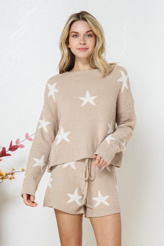 Soft Long Sleeve Star Print Top and Short Set Loungewear Sets
