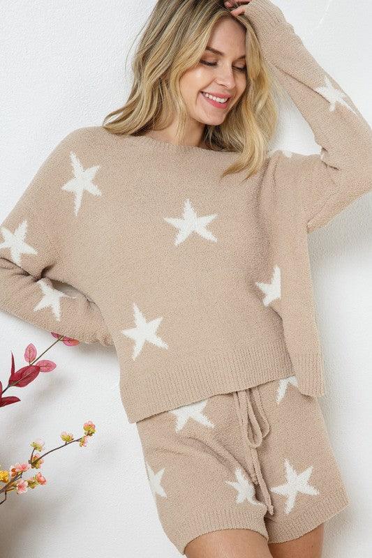 Soft Long Sleeve Star Print Top and Short Set Loungewear Sets