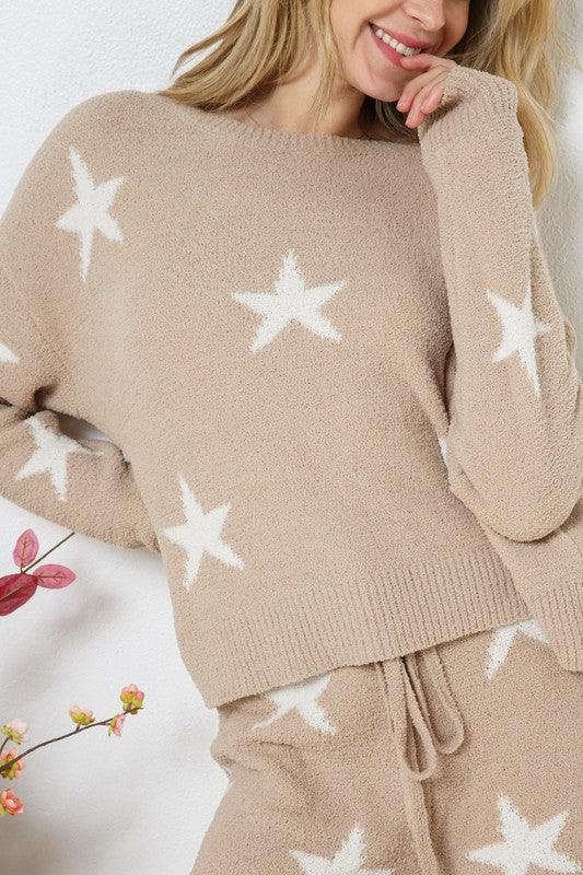 Soft Long Sleeve Star Print Top and Short Set Loungewear Sets