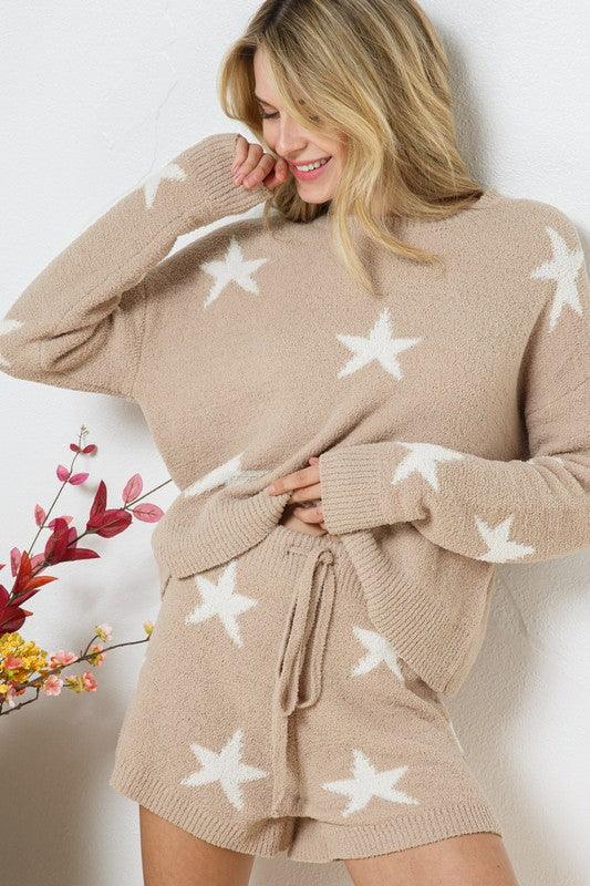 Soft Long Sleeve Star Print Top and Short Set Loungewear Sets