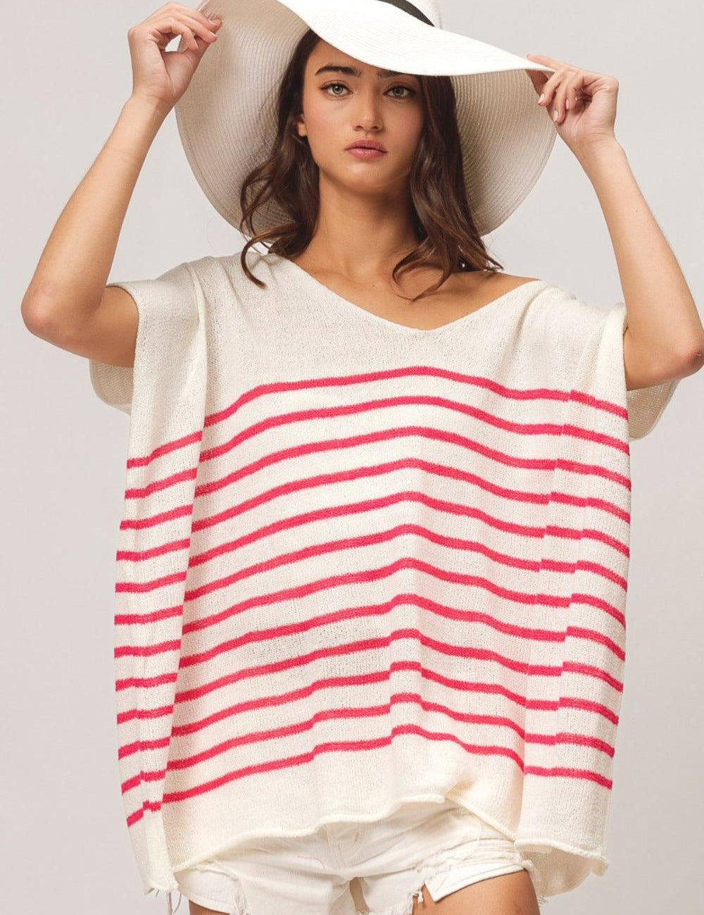 BiBi V Neck Striped Short Sleeve Top Fuchsia Shirts & Tops