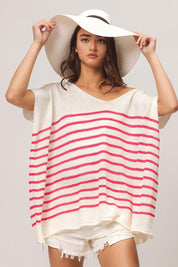 BiBi V Neck Striped Short Sleeve Top Fuchsia Shirts & Tops