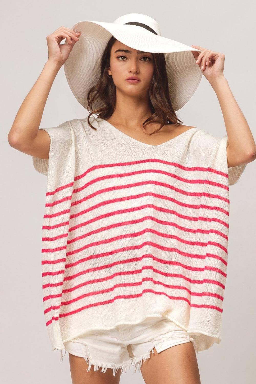 BiBi V Neck Striped Short Sleeve Top Fuchsia Shirts & Tops