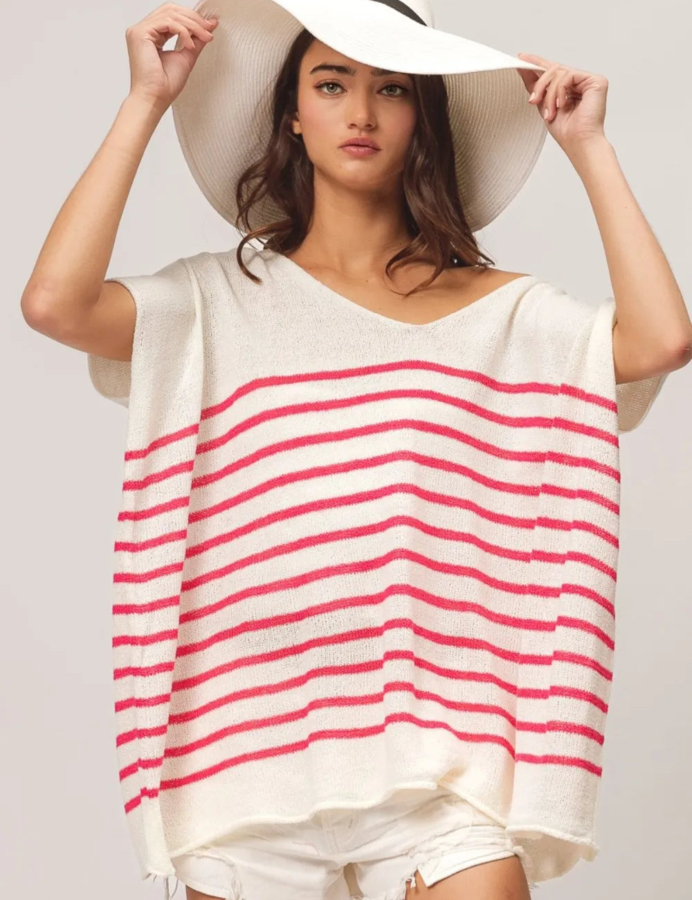 Fuchsia BiBi V Neck Striped Short Sleeve Top | Tops Daverri Fashions
