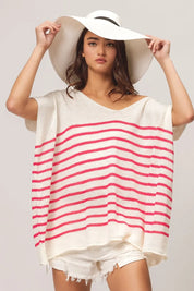 Fuchsia BiBi V Neck Striped Short Sleeve Top | Tops Daverri Fashions