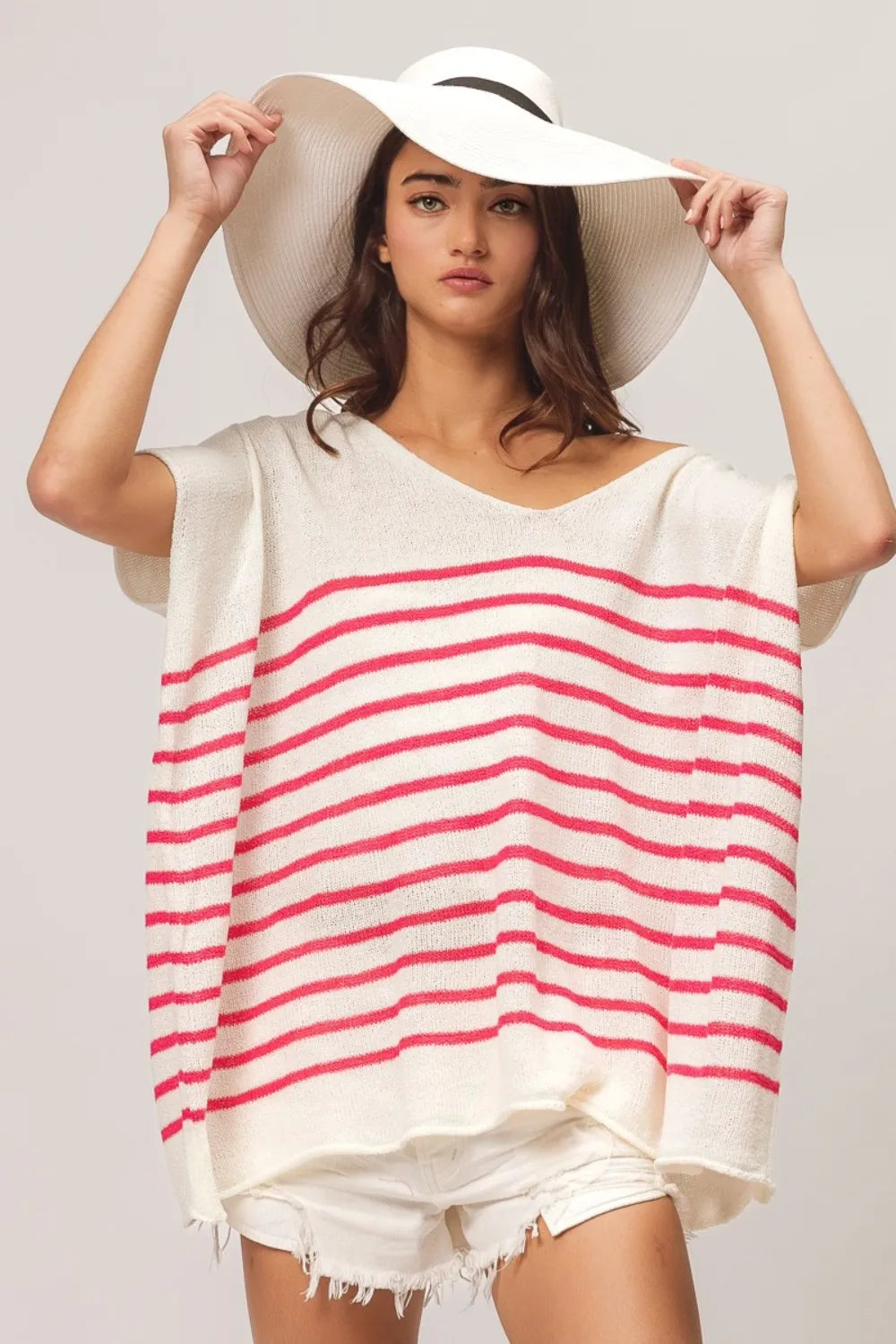 BiBi V Neck Striped Short Sleeve Top Fuchsia Tops