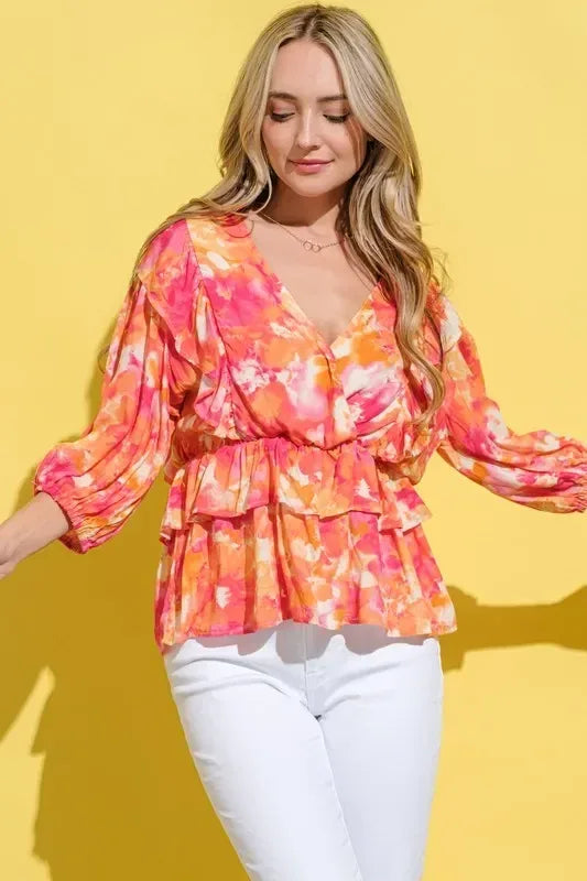 And The Why Ruffled Printed Puff Sleeve Blouse - DAVERRI FASHIONS