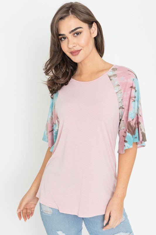 Tie Dye Ruffle Sleeve Tunic PINK