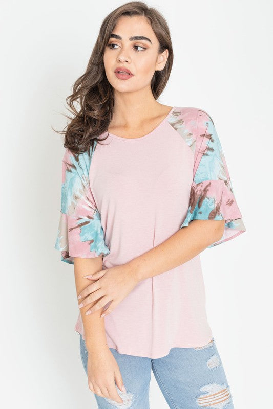 Tie Dye Ruffle Sleeve Tunic