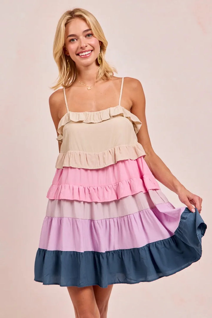 BiBi Color Blocked Tiered Dress Mini Dresses