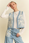 Davi & Dani Lace Patch Open Front Denim Vest - DAVERRI FASHIONS