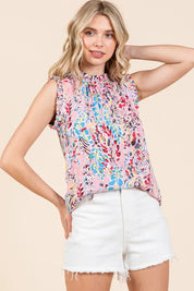 Lime 'N' Chili Full Size Graphic Print Ruffle Trim Mock Neck Sleeveless Top Plus Size | Tops Daverri Fashions