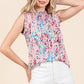 Lime 'N' Chili Full Size Graphic Print Ruffle Trim Mock Neck Sleeveless Top Plus Size