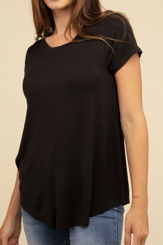Flowy Round Hem Rayon Short Sleeve Top T-Shirts