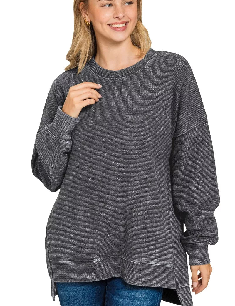 BLACK Zenana Full Size Acid Washed Double Ribbed Hi-low Sweatshirt Plus Size | Sweatshirts Daverri Fashions