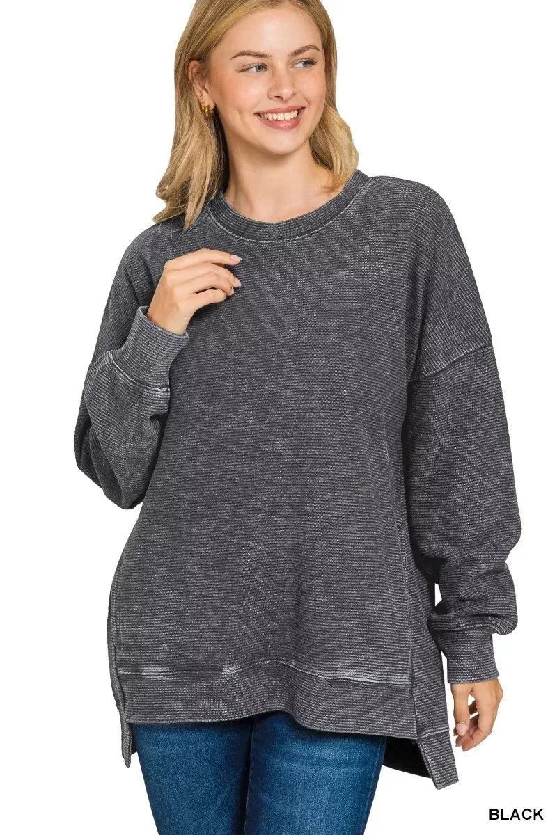 Zenana Full Size Acid Washed Double Ribbed Hi-low Sweatshirt Plus Size - DAVERRI FASHIONS