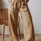 Womens tan drawstring waist wide leg pants with pockets