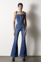 Front Button Flare Denim Jumpsuit Jumpsuits