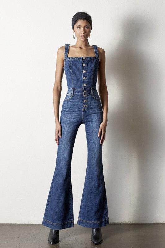 Front Button Flare Denim Jumpsuit Jumpsuits