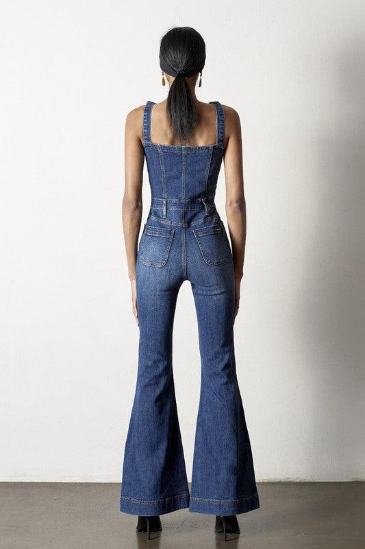 Front Button Flare Denim Jumpsuit Jumpsuits