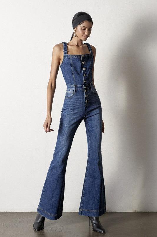 Front Button Flare Denim Jumpsuit Jumpsuits