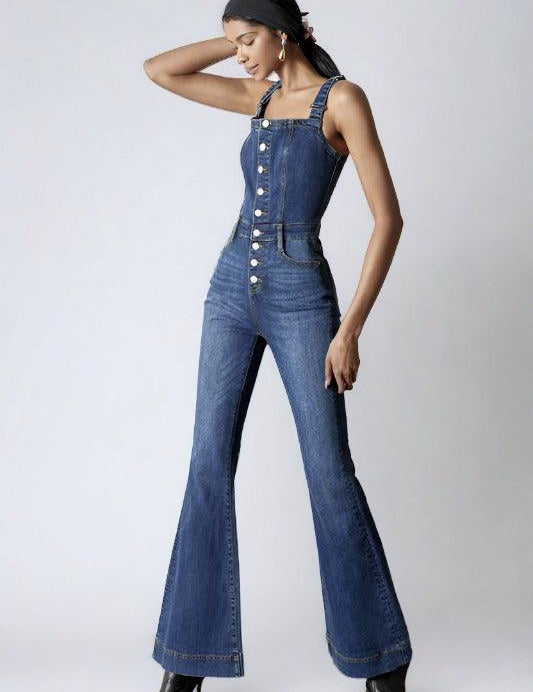 Front Button Flare Denim Jumpsuit Jumpsuits