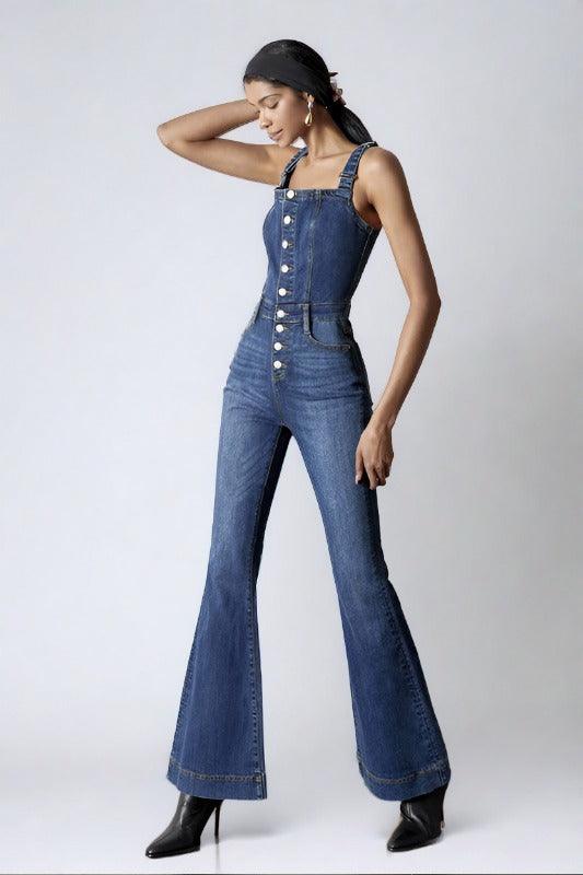 Front Button Flare Denim Jumpsuit Jumpsuits