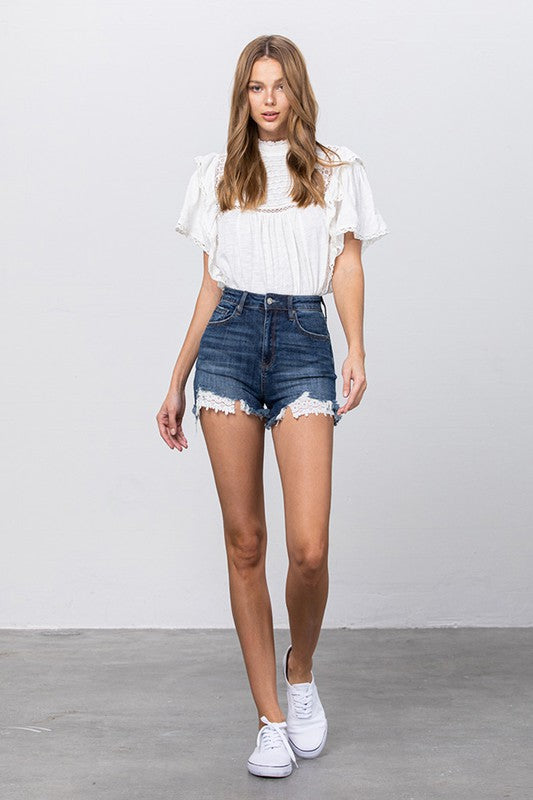 HIGH WAIST WITH LACE LINING TRIM SHORTS DARK Denim Shorts