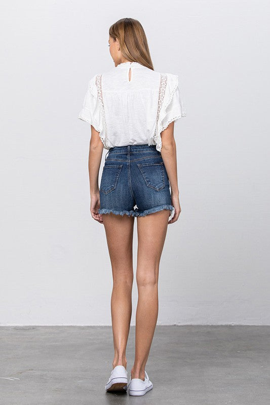 HIGH WAIST WITH LACE LINING TRIM SHORTS Denim Shorts