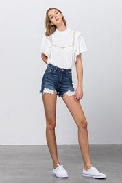 HIGH WAIST WITH LACE LINING TRIM SHORTS | Denim Shorts Daverri Fashions