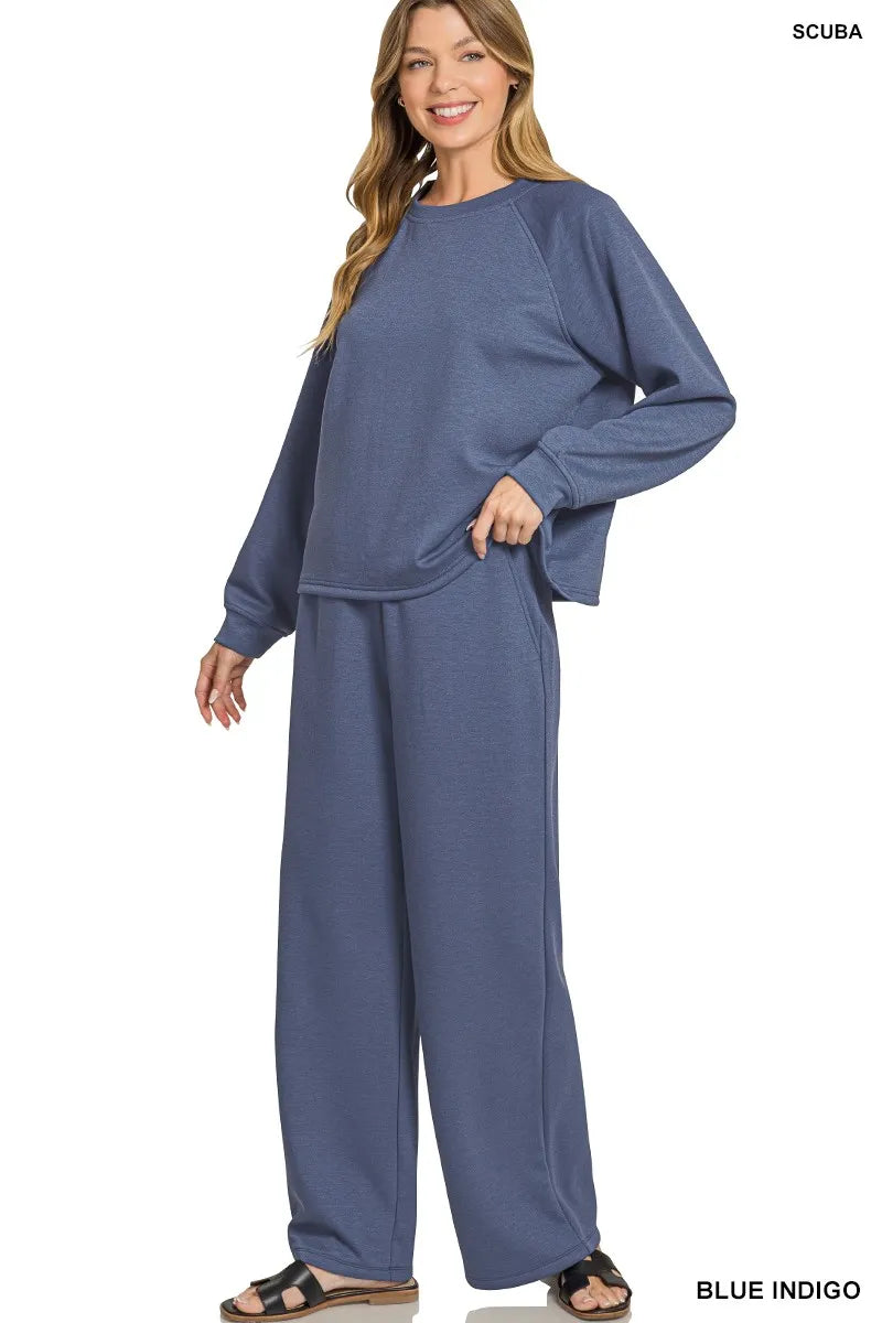 Zenana Scuba Crewneck Sweatshirt and Pants Set | Daverri Fashions