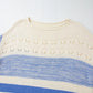 Cream and blue striped openwork knit long sleeve sweater