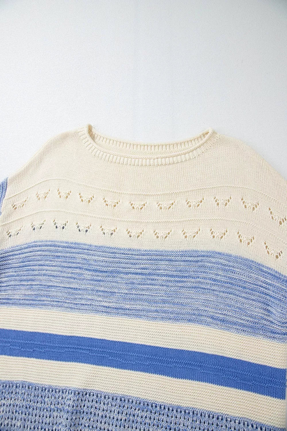 Cream and blue striped openwork knit long sleeve sweater