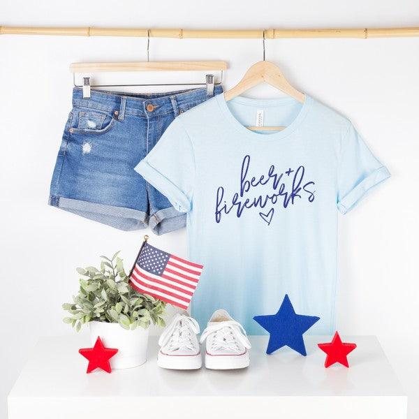 Beer and Fireworks Crew Neck Softstyle Tee Ice Blue Patriotic Clothing