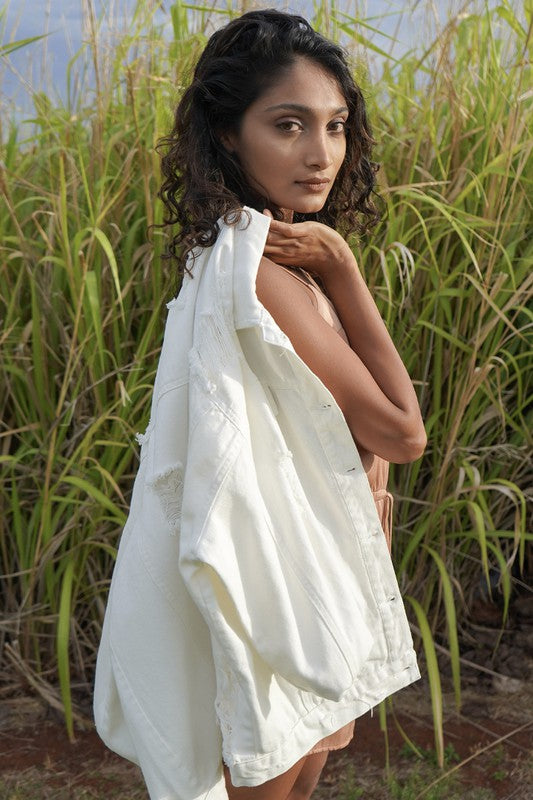 Distressed White Denim Jacket | Denim Jackets Daverri Fashions